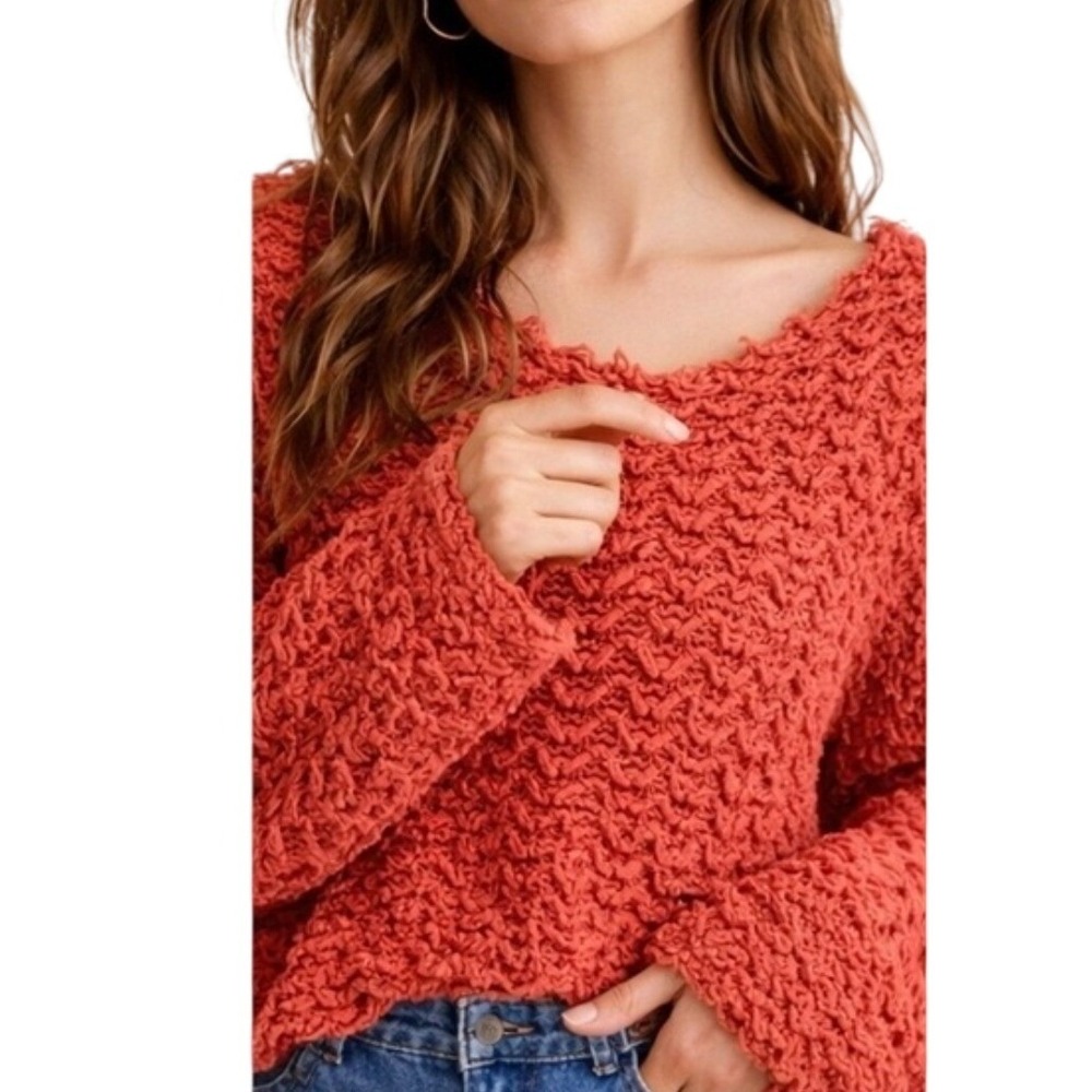 Free People Frayed Scoop Neck Sweater Womens M Slouchy Oversized Flare Sleeve - Picture 4 of 11